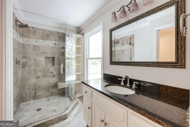 490 Mcwhorter Dr, Athens, GA 30606 - full bathroom with a stall shower, vanity, and ornamental molding