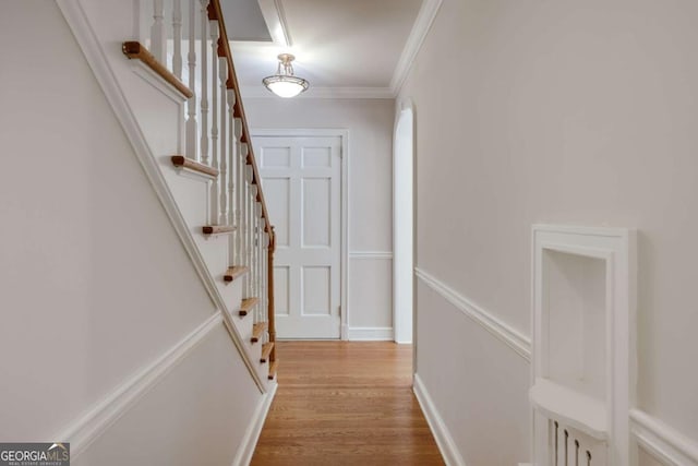 490 Mcwhorter Dr, Athens, GA 30606 - hall featuring light wood-type flooring, crown molding, and stairs