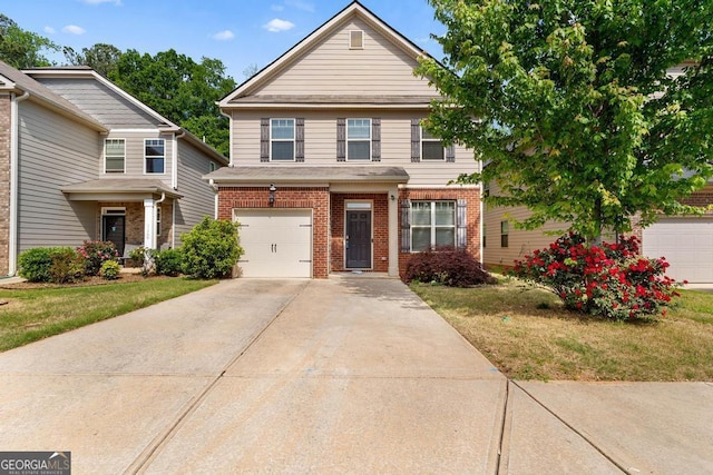 view of front of home featuring brick siding, a garage, concrete driveway, and a front yard
