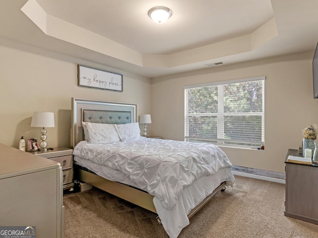 bedroom featuring carpet floors and a raised ceiling
