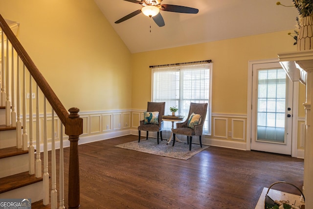 109 Trudie Ln, Macon, GA 31216 - living area featuring healthy amount of natural light, stairway, a decorative wall, ceiling fan, and a wainscoted wall
