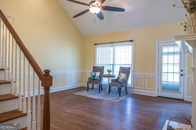 109 Trudie Ln, Macon, GA 31216 - living area featuring healthy amount of natural light, a decorative wall, wainscoting, wood finished floors, and a ceiling fan