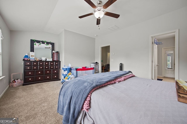 3203 Cyrus Point Ln, Kennesaw, GA 30152 - carpeted bedroom featuring ceiling fan, vaulted ceiling, and baseboards