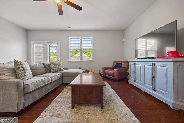 3203 Cyrus Point Ln, Kennesaw, GA 30152 - living area featuring dark wood finished floors and ceiling fan