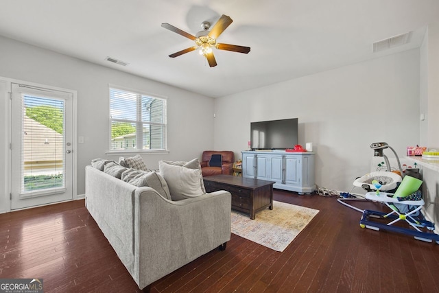 3203 Cyrus Point Ln, Kennesaw, GA 30152 - living area featuring ceiling fan and dark wood-style flooring