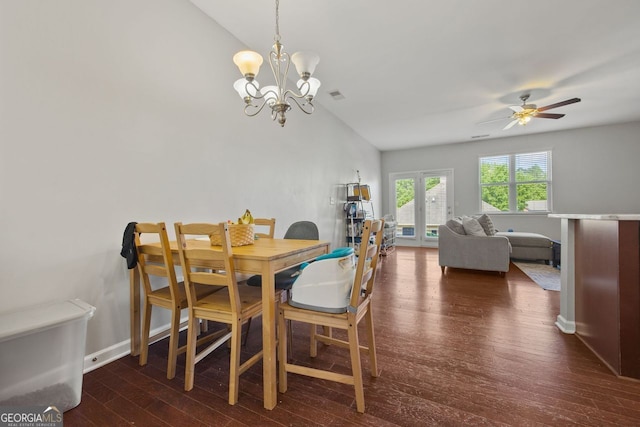3203 Cyrus Point Ln, Kennesaw, GA 30152 - dining space featuring hardwood / wood-style flooring, lofted ceiling, a chandelier, a ceiling fan, and baseboards
