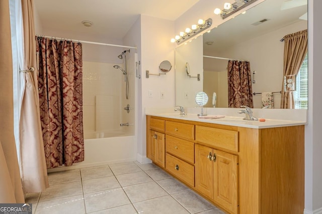 full bathroom featuring tile patterned floors, a sink, double vanity, visible vents, and shower / tub combo with curtain
