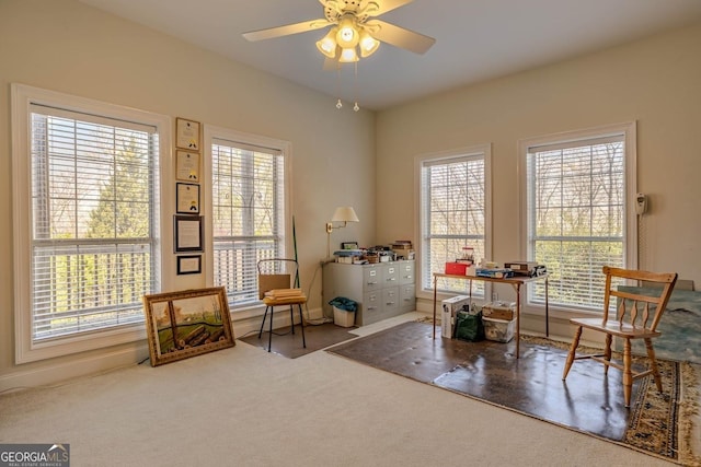 living area with a ceiling fan and carpet flooring