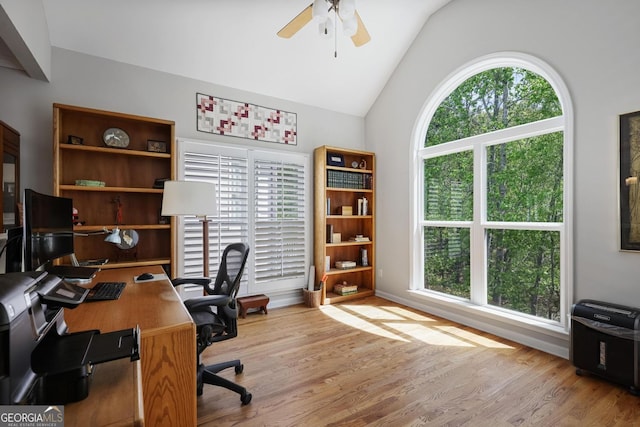 123 Heritage Pointe, Woodstock, GA 30189 - office space featuring ceiling fan, vaulted ceiling, wood finished floors, and baseboards