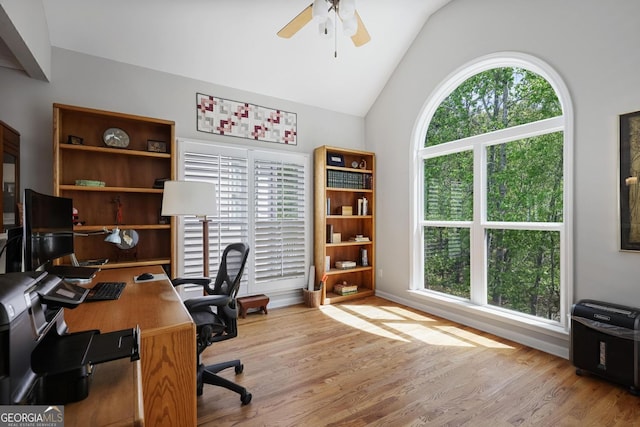 123 Heritage Pointe, Woodstock, GA 30189 - office featuring ceiling fan, vaulted ceiling, and wood finished floors