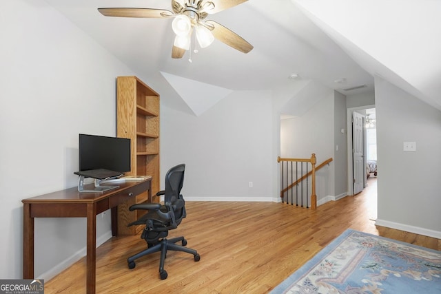 123 Heritage Pointe, Woodstock, GA 30189 - home office with vaulted ceiling, light wood-style flooring, ceiling fan, and baseboards