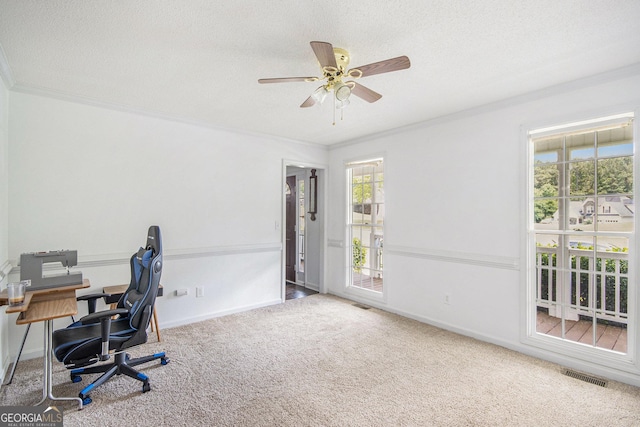 office area featuring carpet floors, a ceiling fan, a textured ceiling, ornamental molding, and baseboards