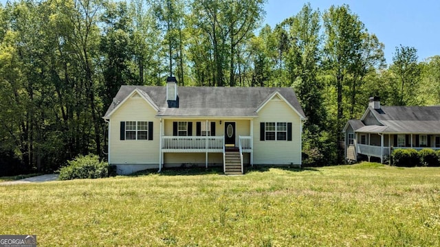 366 Blue Springs Way, Dallas, GA 30157 - ranch-style house with a porch, a front lawn, a chimney, and stairs