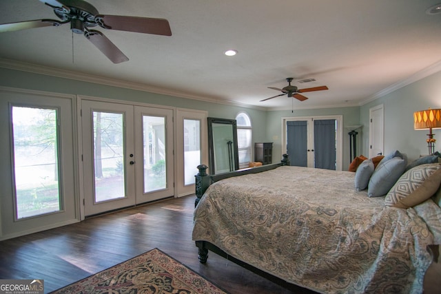 bedroom with dark wood-style floors, visible vents, access to exterior, french doors, and crown molding