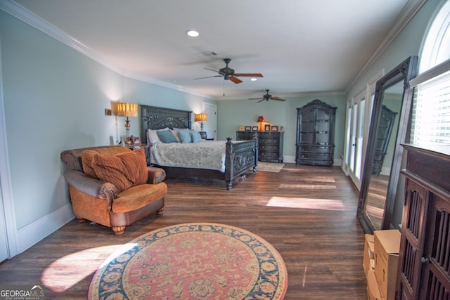 bedroom featuring baseboards, wood finished floors, recessed lighting, and ornamental molding