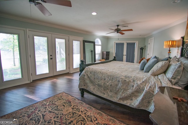 bedroom featuring french doors, access to outside, ornamental molding, dark wood-type flooring, and recessed lighting