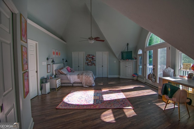 bedroom featuring baseboards, wood finished floors, access to outside, two closets, and high vaulted ceiling