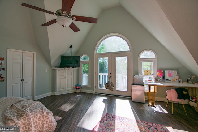 interior space featuring french doors, vaulted ceiling, wood finished floors, and access to exterior
