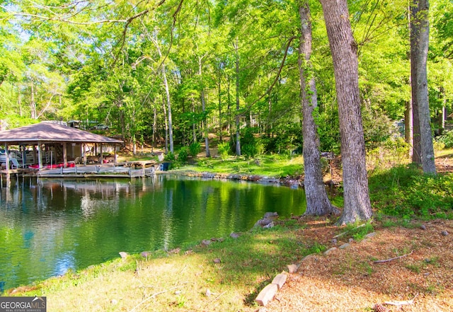 view of water feature with a forest view