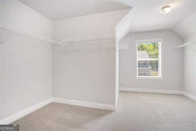 walk in closet featuring carpet floors and vaulted ceiling