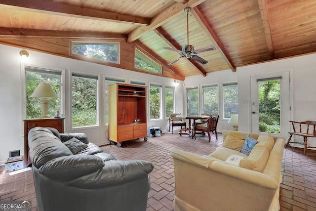 living room with brick floors, wood ceiling, ceiling fan, beamed ceiling, and high vaulted ceiling