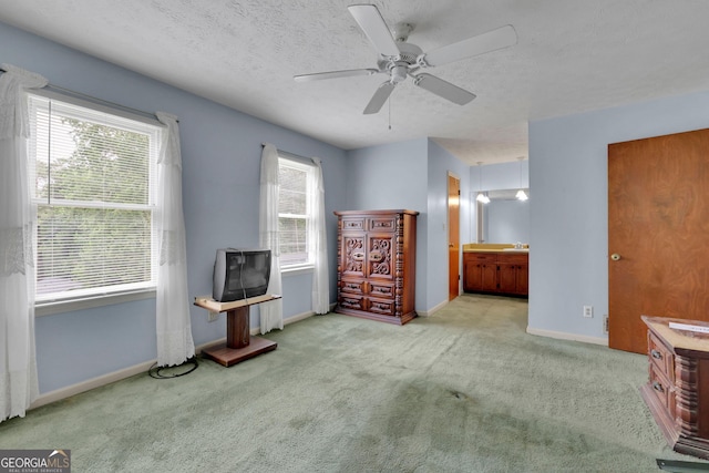 carpeted living area featuring plenty of natural light, ceiling fan, baseboards, and a textured ceiling