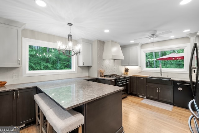 kitchen with tasteful backsplash, gas range, custom range hood, light wood finished floors, and a sink
