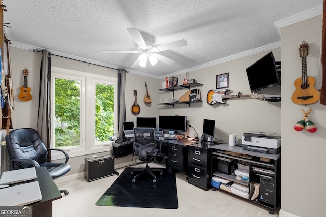 office space with a ceiling fan, a textured ceiling, and crown molding