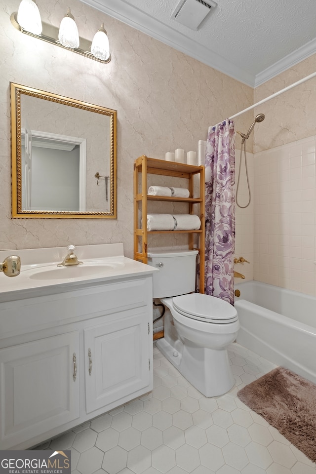 bathroom with crown molding, visible vents, toilet, tile patterned floors, and vanity