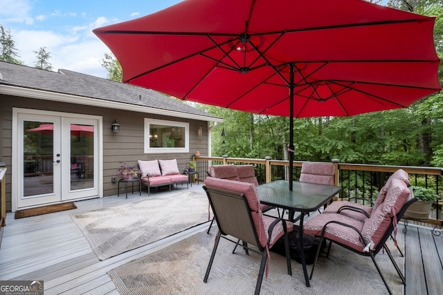 deck featuring an outdoor living space, french doors, and outdoor dining space