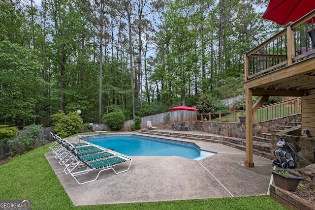 view of pool featuring a patio, a fenced backyard, a deck, and a fenced in pool