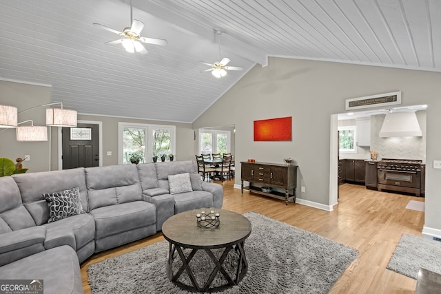 living area with light wood-style floors, ceiling fan, beamed ceiling, and wooden ceiling