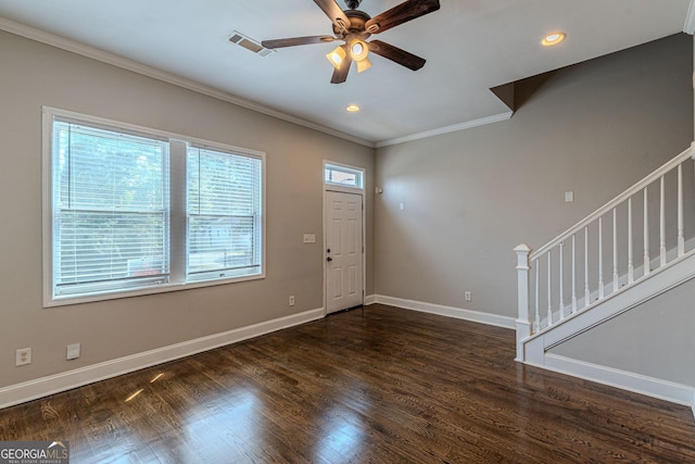 683 Pryor St SW Unit C, Atlanta, GA 30315 - entrance foyer with stairway, crown molding, wood finished floors, ceiling fan, and visible vents