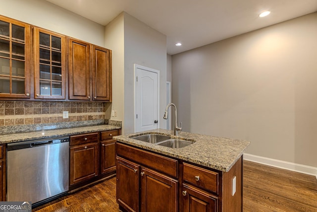 683 Pryor St SW Unit C, Atlanta, GA 30315 - kitchen featuring stainless steel dishwasher, a sink, dark wood-style flooring, decorative backsplash, and light stone countertops
