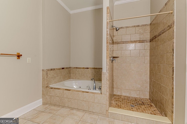 683 Pryor St SW Unit C, Atlanta, GA 30315 - full bathroom with crown molding, tile patterned floors, a stall shower, a bath, and baseboards