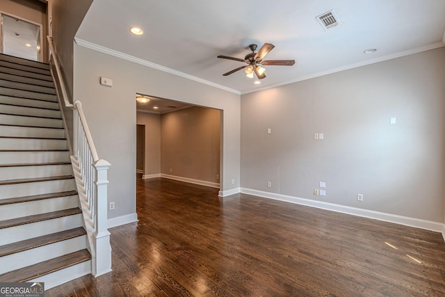 683 Pryor St SW Unit C, Atlanta, GA 30315 - unfurnished living room with stairway, a ceiling fan, baseboards, dark wood-style flooring, and visible vents