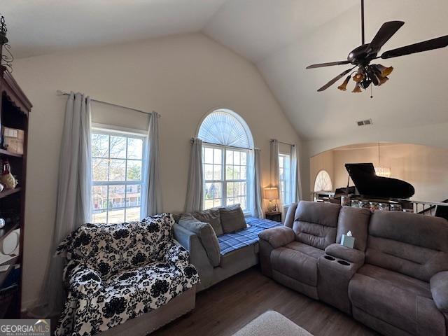 279 S Woods Ct, Jasper, GA 30143 - living room with vaulted ceiling, wood finished floors, and a ceiling fan
