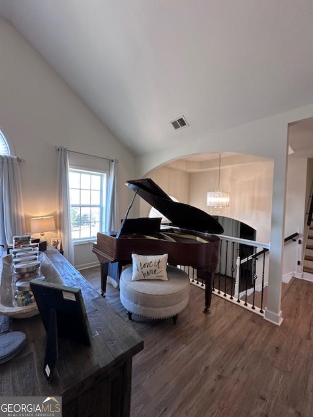 living area featuring lofted ceiling, wood finished floors, and ceiling fan