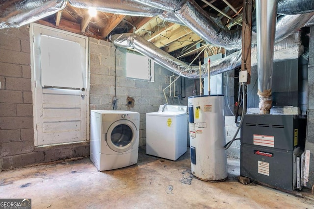1956 Joseph Ct, Decatur, GA 30032 - below grade area featuring heating unit, concrete block wall, electric water heater, and independent washer and dryer