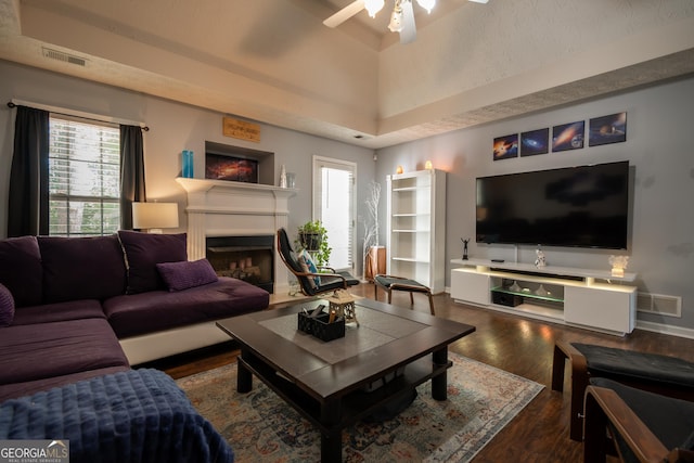 344 River Landing Dr, Monroe, GA 30656 - living room with a fireplace, ceiling fan, healthy amount of natural light, and wood finished floors