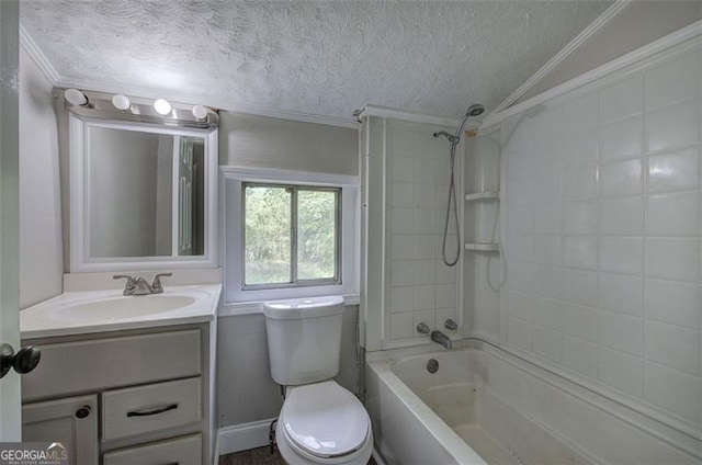full bath featuring a textured ceiling, toilet, ornamental molding, shower / bathing tub combination, and vanity