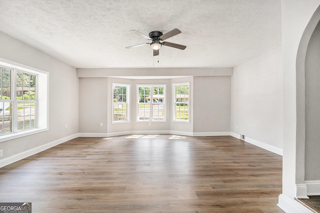 1132 Luther Dr SW, Mableton, GA 30126 - empty room with plenty of natural light, a ceiling fan, wood finished floors, arched walkways, and a textured ceiling