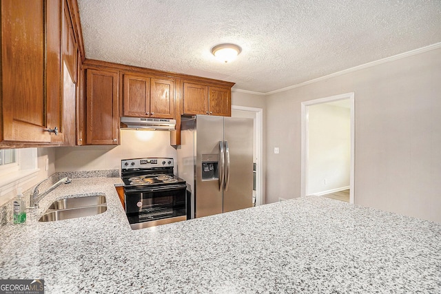 1132 Luther Dr SW, Mableton, GA 30126 - kitchen featuring appliances with stainless steel finishes, under cabinet range hood, a textured ceiling, brown cabinetry, and light stone counters