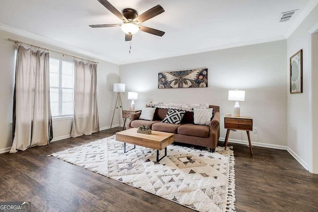 33 Hidden Lake Ct, Savannah, GA 31419 - living room with ornamental molding, ceiling fan, and wood finished floors