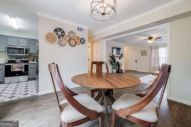 33 Hidden Lake Ct, Savannah, GA 31419 - dining space with a chandelier, wood finished floors, crown molding, and ceiling fan