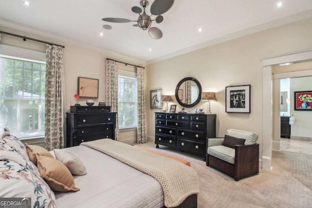 bedroom with baseboards, ornamental molding, carpet flooring, and recessed lighting