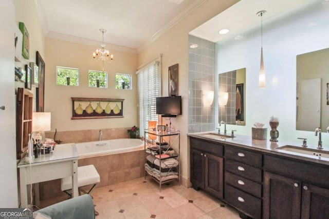 full bathroom with an inviting chandelier, tile patterned flooring, ornamental molding, and a sink
