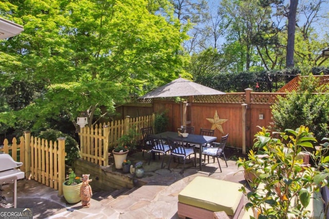 view of patio with area for grilling, outdoor dining area, and a fenced backyard