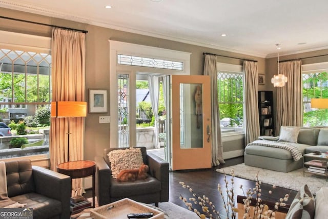 entryway featuring dark wood-style floors, recessed lighting, and crown molding