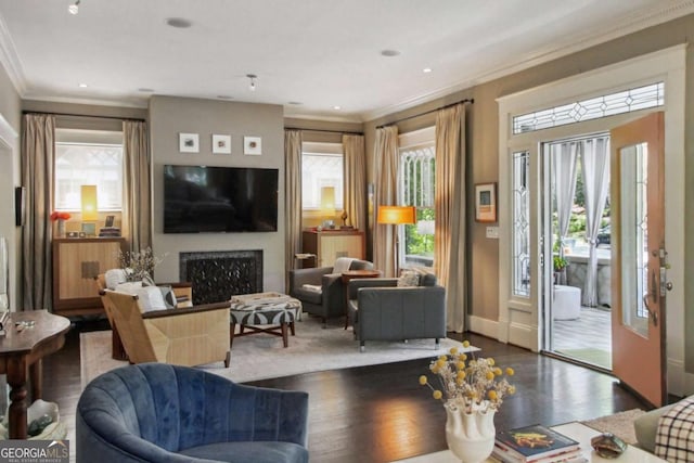 living area featuring a fireplace, plenty of natural light, wood finished floors, and ornamental molding